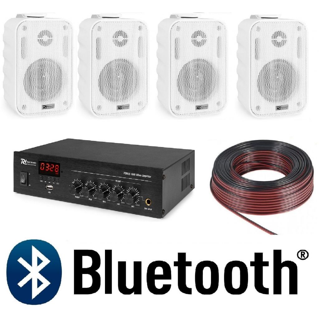 IMPIANTO AUDIO FILODIFFUSIONE PARETE X ESTERNO amplificatore BT+ 4 altoparlanti + cavo IMPIANTO AUDIO FILODIFFUSIONE PARETE X ESTERNO amplificatore BT+ 4 altoparlanti + cavo