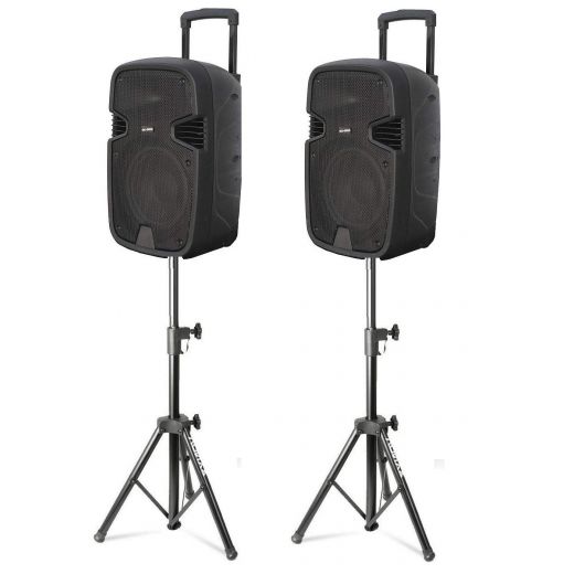 COPPIA CASSE ACUSTICHE AMPLIFICATE ATTIVE 900W 10" BLUETOOTH + 2 STATIVI 180 CM karaoke