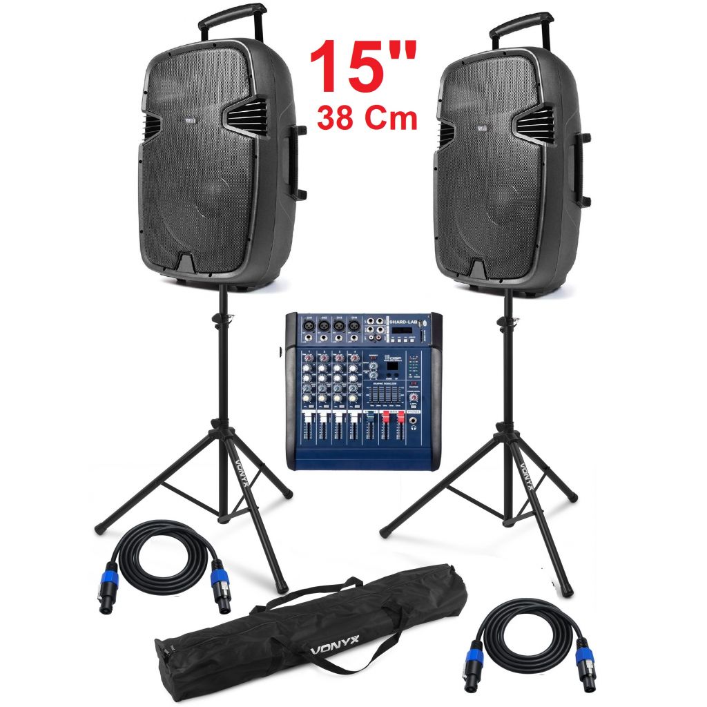 IMPIANTO AUDIO COMPLETO AMPLIFICATO 2 casse 15" + mixer attivo + 2 stativi e cavi IMPIANTO AUDIO COMPLETO AMPLIFICATO 2 casse 15" + mixer attivo + 2 stativi e cavi