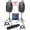 IMPIANTO AUDIO COMPLETO AMPLIFICATO 2 casse 15" + mixer attivo + 2 stativi e cavi