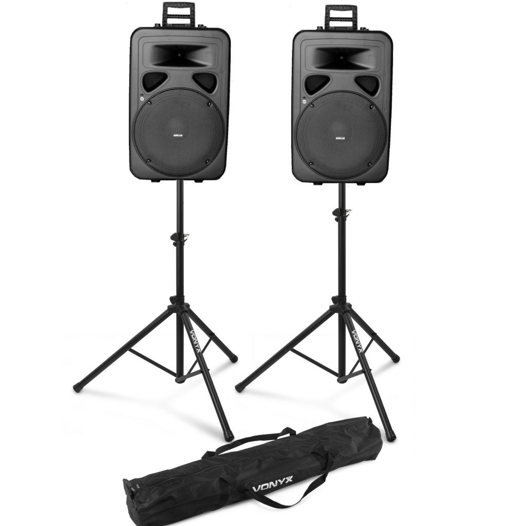 COPPIA CASSE AMPLIFICATE ATTIVE 1600W PROFESSIONALI 15" + 2 STATIVI + BORSA COPPIA CASSE AMPLIFICATE ATTIVE 1600W PROFESSIONALI 15" + 2 STATIVI + BORSA
