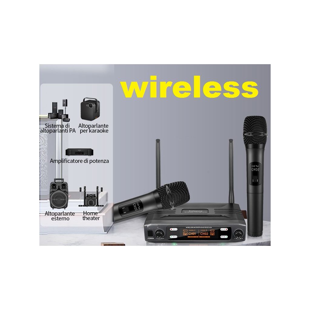 COPPIA MICROFONI WIRELESS KARAOKE SENZA FILO BILANCIATI XLR VHF PALMARI GELATO COPPIA MICROFONI WIRELESS KARAOKE SENZA FILO BILANCIATI XLR VHF PALMARI GELATO