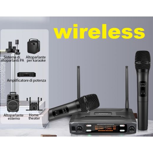 COPPIA MICROFONI WIRELESS KARAOKE SENZA FILO BILANCIATI XLR VHF PALMARI GELATO