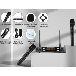 COPPIA MICROFONI WIRELESS KARAOKE SENZA FILO BILANCIATI XLR VHF PALMARI GELATO