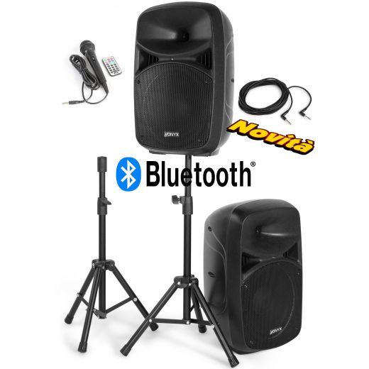 CASSE AMPLIFICATE 600W 10" DIFFUSORI KARAOKE BLUETOOTH + STATIVI + MIC - 1