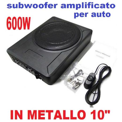 SUBWOOFER AUTO AMPLIFICATO CAR METALLO 600W 10" SOTTOSEDILE SOTTO SEDILE COFANO - 1