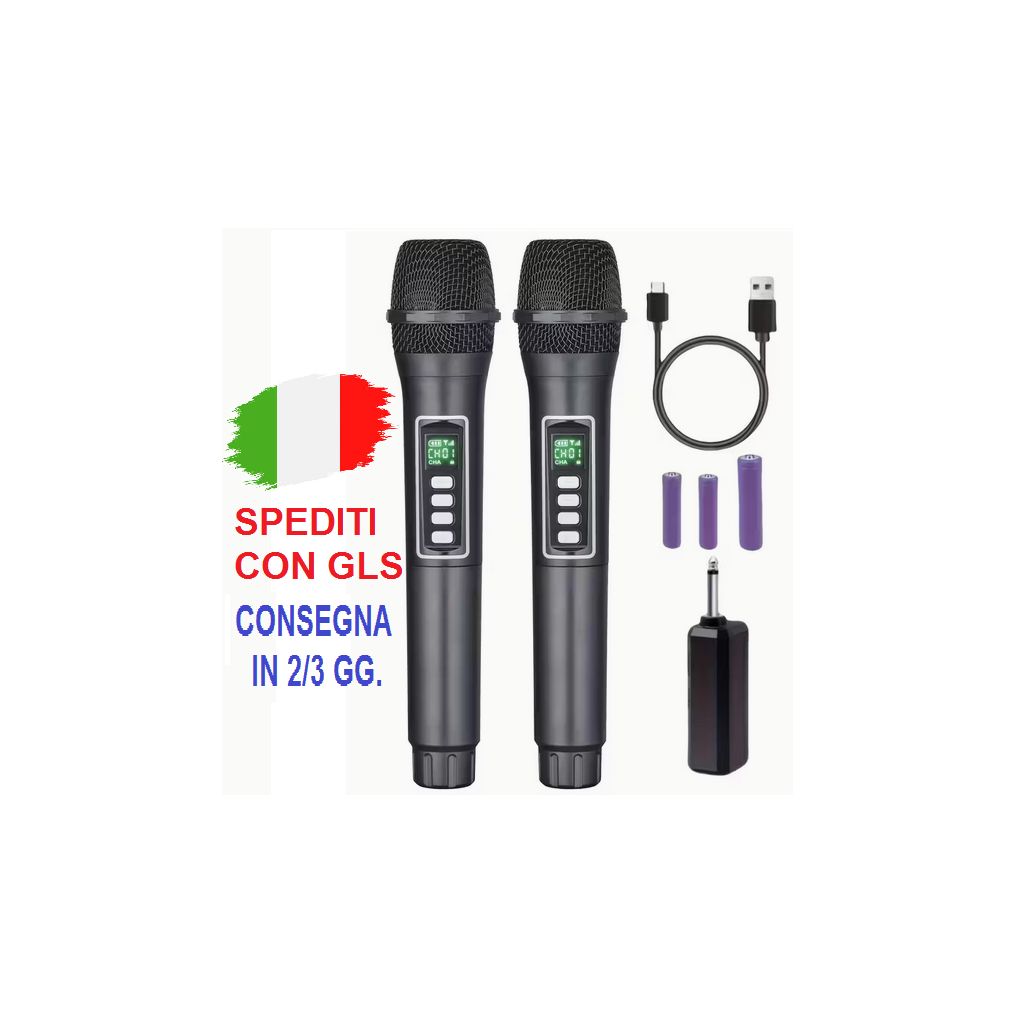 COPPIA MICROFONI WIRELESS UHF PROFESSIONALI CON 3 BATTERIE RICARICABILI