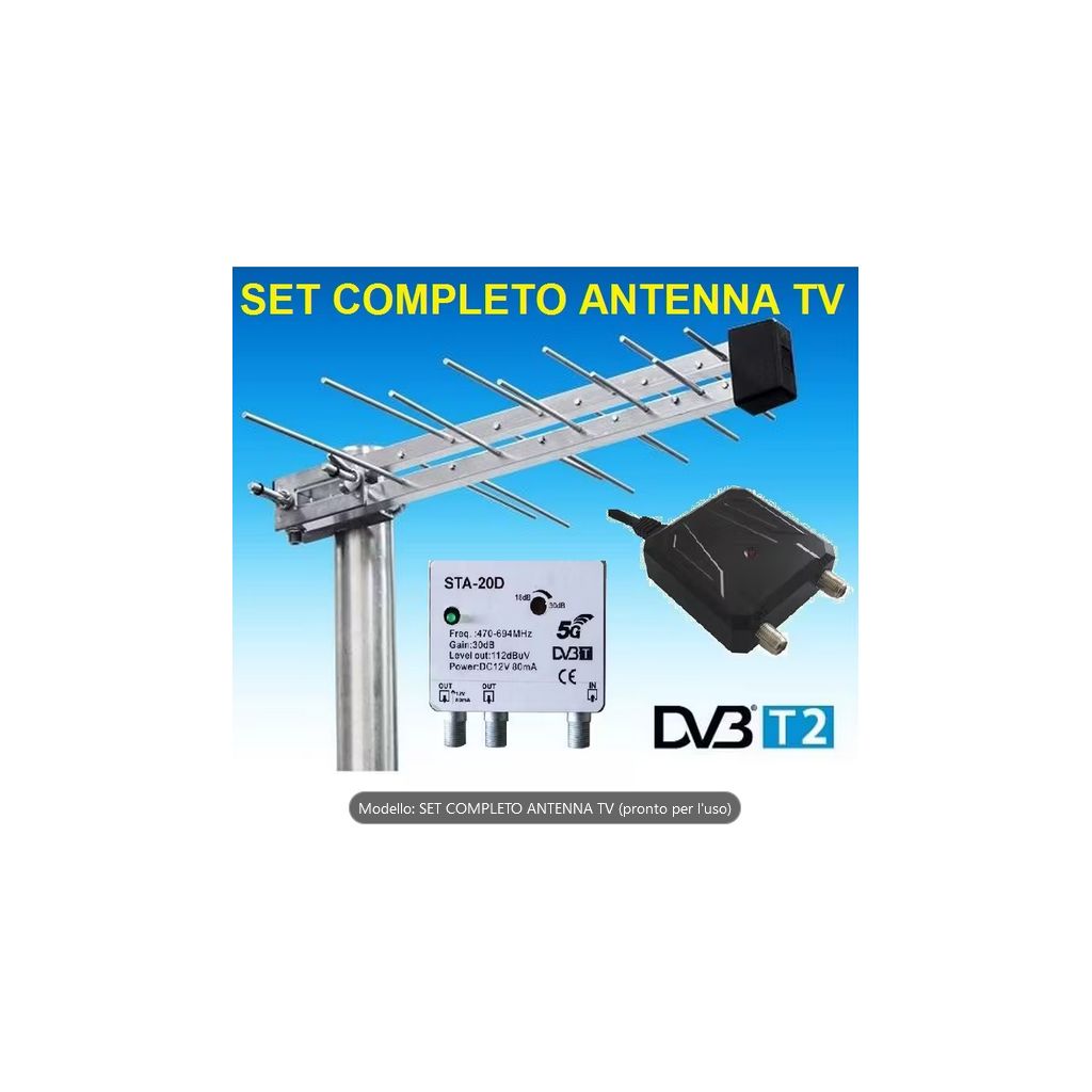 SET COMPLETO INSTALLAZIONE ANTENNA TV + AMPLIFICATORE DA PALO 2 USCITE + ALIMENTATORE ANTENNA + 25 MT CAVO COASSIALE