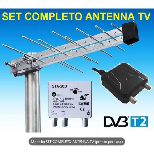 SET COMPLETO INSTALLAZIONE ANTENNA TV + AMPLIFICATORE DA PALO 2 USCITE + ALIMENTATORE ANTENNA + 25 MT CAVO COASSIALE