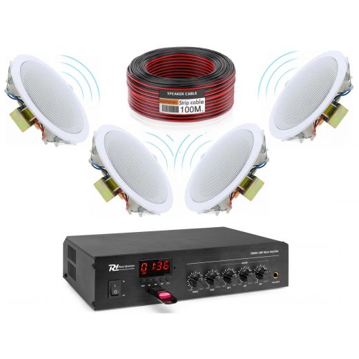 IMPIANTO AUDIO SISTEMA ATTIVO FILODIFFUSIONE 100V 1 amplificatore + 4 altoparlanti incasso + matassa 100 mt.