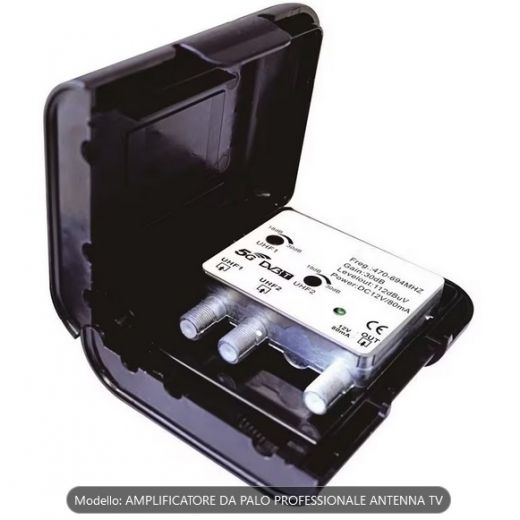Amplificatore antenna tv da palo 2 ingressi UHF - 1 uscita con filtro 5G integrato