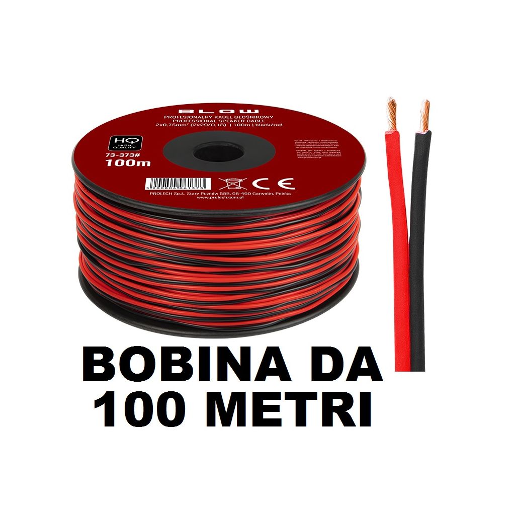 MATASSA CAVO AUDIO 100 MT. PIATTINA 2 x 0,75 mm BOBINA CCA rosso nero CASSE ALTOPARLANTI