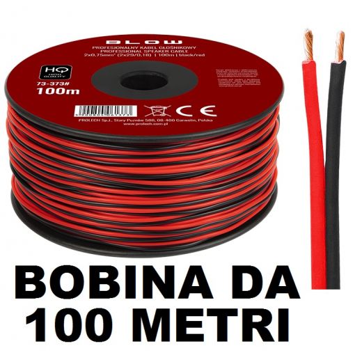 MATASSA CAVO AUDIO 100 MT. PIATTINA 2 x 0,75 mm BOBINA CCA rosso nero CASSE ALTOPARLANTI