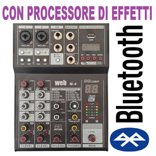 MIXER CON EFFETTI AUDIO 4 CANALI CON BLUETOOTH + USB + DISPLAY