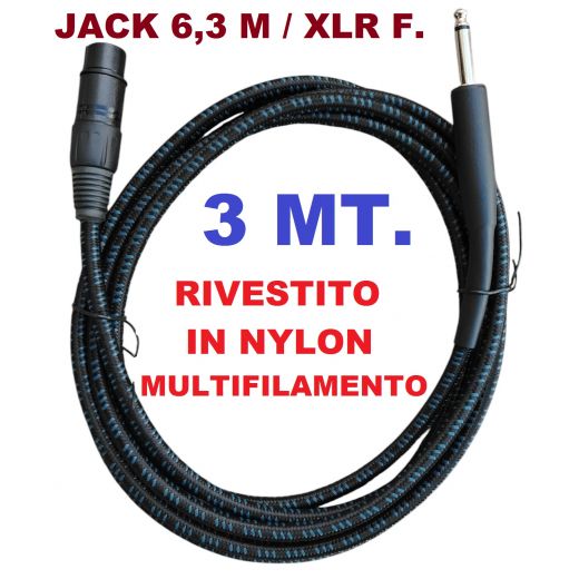 CAVO PER MICROFONO PROLUNGA CAVO MICROFONICO JACK 6,3 mm MONO CANNON XLR FEMMINA 3 METRI