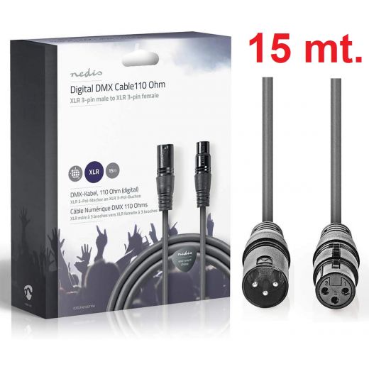 CAVO DMX 15 METRI XLR MASCHIO XLR FEMMINA 110 Ohm PROLUNGA CANNON - professionale
