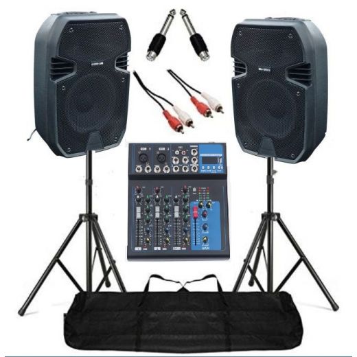 IMPIANTO AUDIO COMPLETO 2 casse amplificate 400w + mixer BT + stativi con borsa + cavo 3 mt