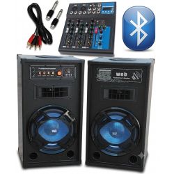 IMPIANTO AUDIO KARAOKE BLUETOOTH 2 casse amplificate 10" + mixer 4 ch + Cavetteria