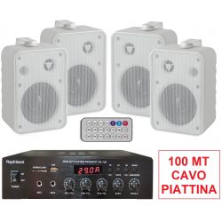 FILODIFFUSIONE LOCALI IMPIANTO AUDIO 4 CANALI CASSE ACUSTICHE PARETE BIANCHE 8 Ohm amplificatore + 4 casse + cavo