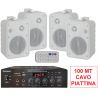 FILODIFFUSIONE LOCALI IMPIANTO AUDIO 4 CANALI CASSE ACUSTICHE PARETE BIANCHE 8 Ohm amplificatore + 4 casse + cavo