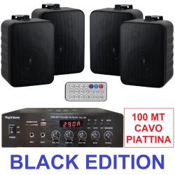 IMPIANTO AUDIO FILODIFFUSIONE LOCALI NERO 4 CANALI CASSE ACUSTICHE PARETE 8 Ohm amplificatore 4 casse cavo