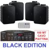 IMPIANTO AUDIO FILODIFFUSIONE LOCALI NERO 4 CANALI CASSE ACUSTICHE PARETE 8 Ohm amplificatore 4 casse cavo
