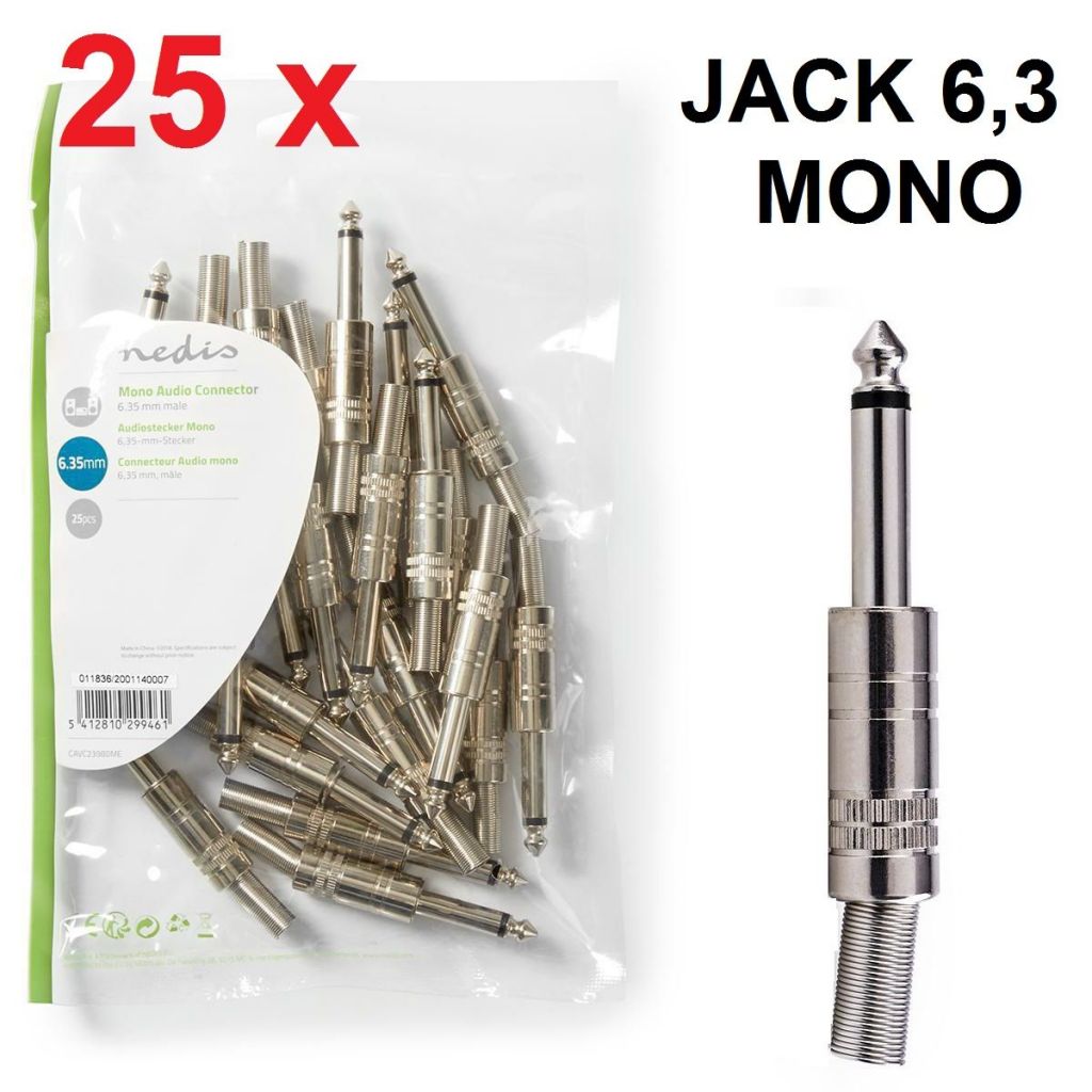PACCO DA 25 PZ. CONNETTORE AUDIO SALDARE JACK 6,3 MONO MASCHIO METALLO NICHEL ARGENTO