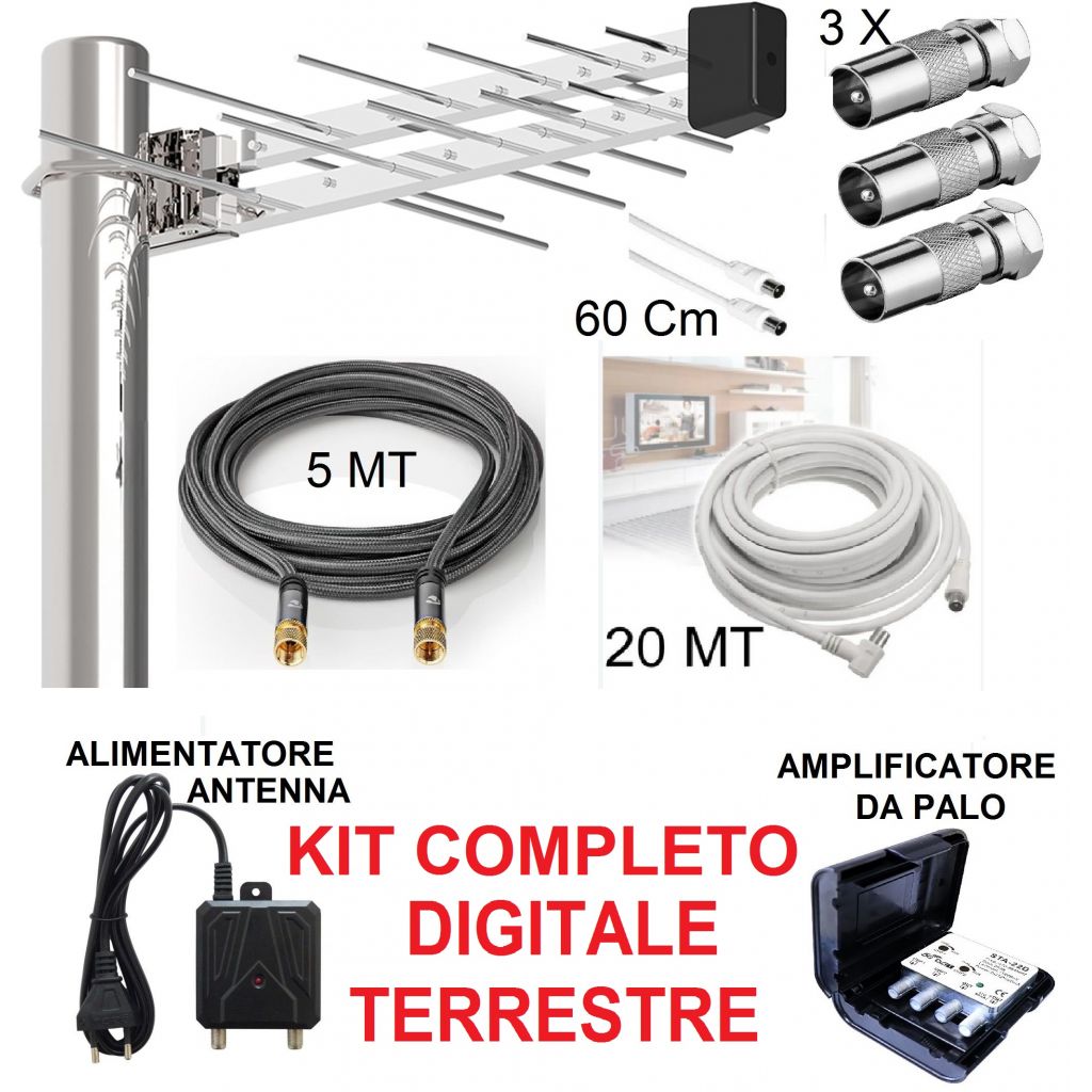 IMPIANTO DIGITALE TERRESTRE COMPLETO DVB-T2  AMPLIFICATORE ALIMENTATORE ANTENNA