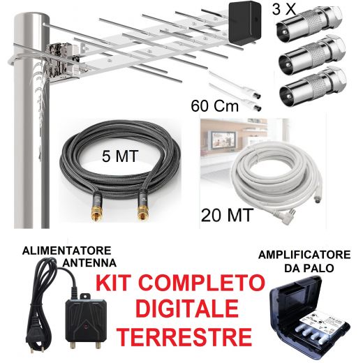 IMPIANTO DIGITALE TERRESTRE COMPLETO DVB-T2  AMPLIFICATORE ALIMENTATORE ANTENNA